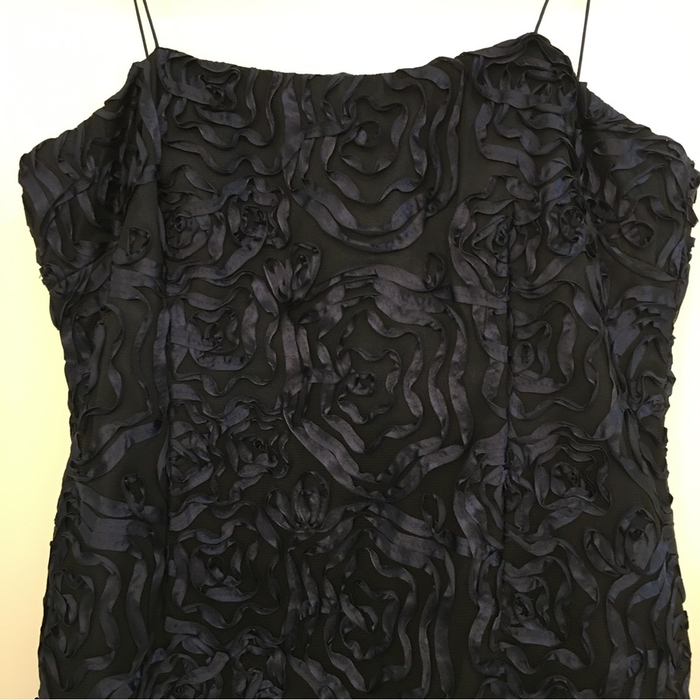 Navy formal party dress. Sheer navy floral pattern on black slip lining. Size 12